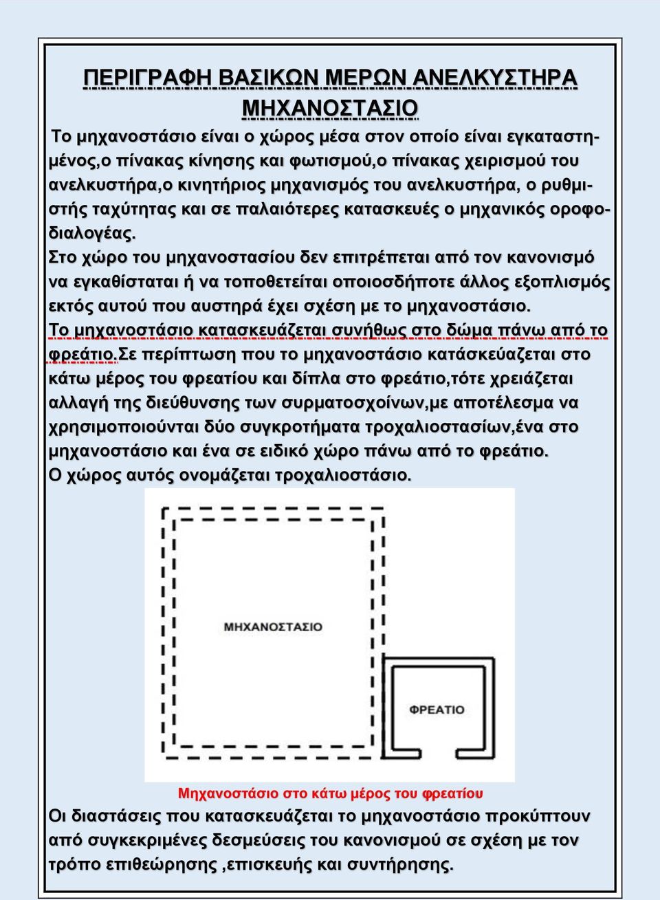 Στο χώρο του μηχανοστασίου δεν επιτρέπεται από τον κανονισμό να εγκαθίσταται ή να τοποθετείται οποιοσδήποτε άλλος εξοπλισμός εκτός αυτού που αυστηρά έχει σχέση με το μηχανοστάσιο.