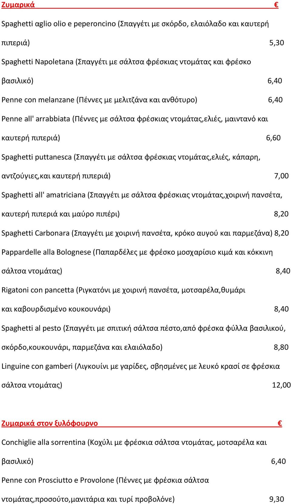 ντοµάτασ,ελιζσ, κάπαρθ, αντηοφγιεσ,και καυτερι πιπεριά) 7,00 Spaghetti all' amatriciana (παγγζτι µε ςάλτςα φρζςκιασ ντοµάτασ,χοιρινι πανςζτα, καυτερι πιπεριά και µαφρο πιπζρι) 8,20 Spaghetti