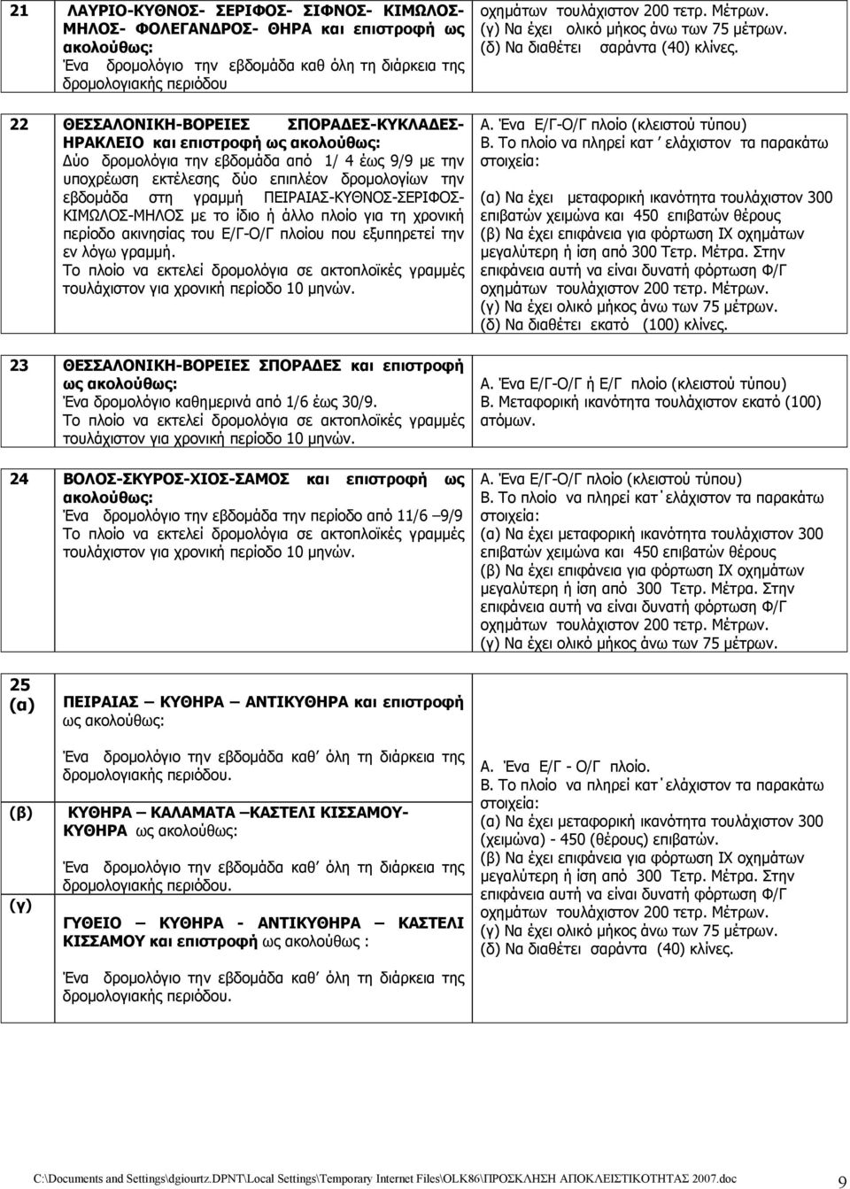 για τη χρονική περίοδο ακινησίας του Ε/Γ-Ο/Γ πλοίου που εξυπηρετεί την εν λόγω γραμμή. Το πλοίο να εκτελεί δρομολόγια σε ακτοπλοϊκές γραμμές τουλάχιστον για χρονική περίοδο 10 μηνών.