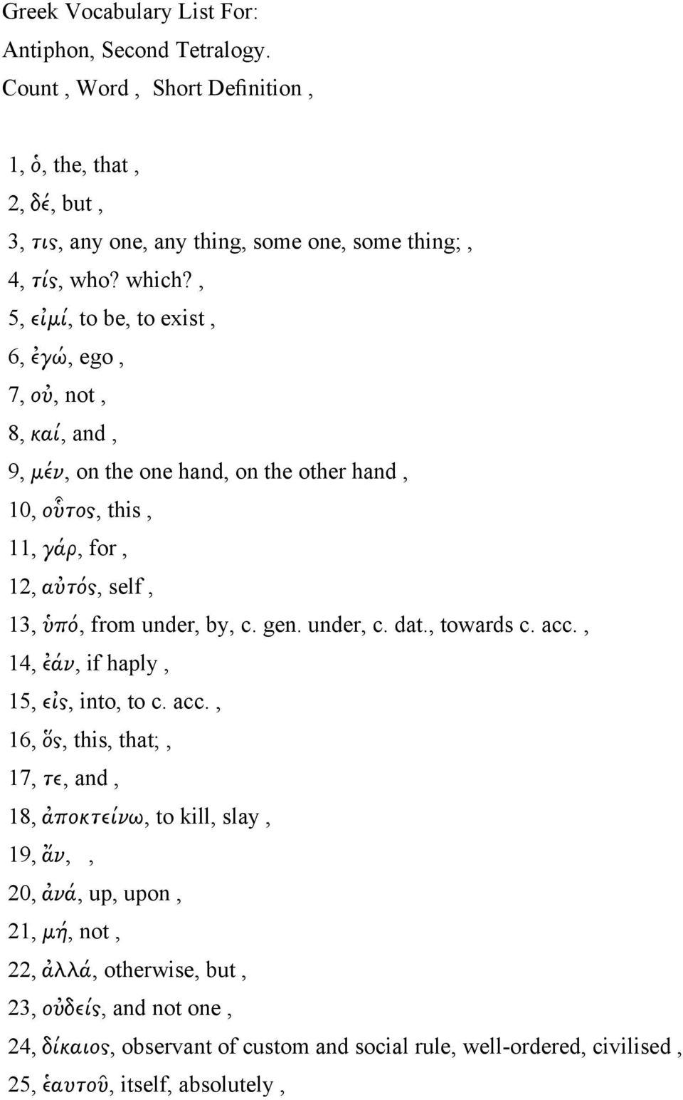 , 5, εἰμί, to be, to exist, 6, ἐγώ, ego, 7, οὐ, not, 8, καί, and, 9, μέν, on the one hand, on the other hand, 10, οὗτος, this, 11, γάρ, for, 12, αὐτός, self, 13, ὑπό, from under,