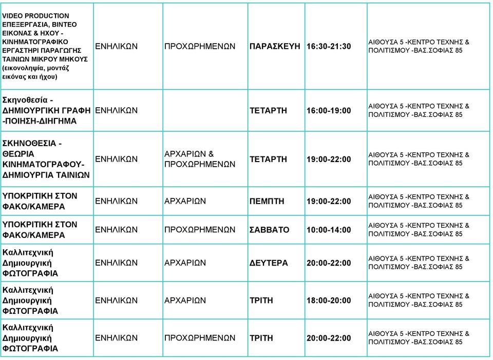 ΠΡΟΧΩΡΗΜΕΝΩΝ ΤΕΤΑΡΤΗ 19:00-22:00 ΥΠΟΚΡΙΤΙΚΗ ΣΤΟΝ ΦΑΚΟ/ΚΑΜΕΡΑ ΥΠΟΚΡΙΤΙΚΗ ΣΤΟΝ ΦΑΚΟ/ΚΑΜΕΡΑ Καλλιτεχνική ημιουργική ΦΩΤΟΓΡΑΦΙΑ Καλλιτεχνική ημιουργική ΦΩΤΟΓΡΑΦΙΑ