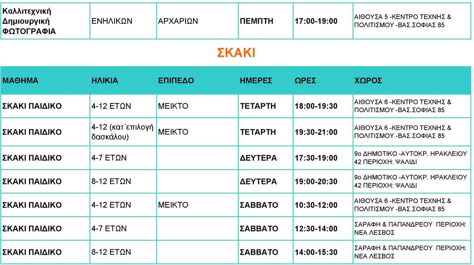 19:00-20:30 ΣΚΑΚΙ ΠΑΙ ΙΚΟ 4-12 ΕΤΩΝ ΜΕΙΚΤΟ ΣΑΒΒΑΤΟ 10:30-12:00 ΣΚΑΚΙ ΠΑΙ ΙΚΟ 4-7 ΕΤΩΝ ΣΑΒΒΑΤΟ 12:30-14:00 ΣΚΑΚΙ ΠΑΙ ΙΚΟ 8-12 ΕΤΩΝ ΣΑΒΒΑΤΟ 14:00-15:30 9ο