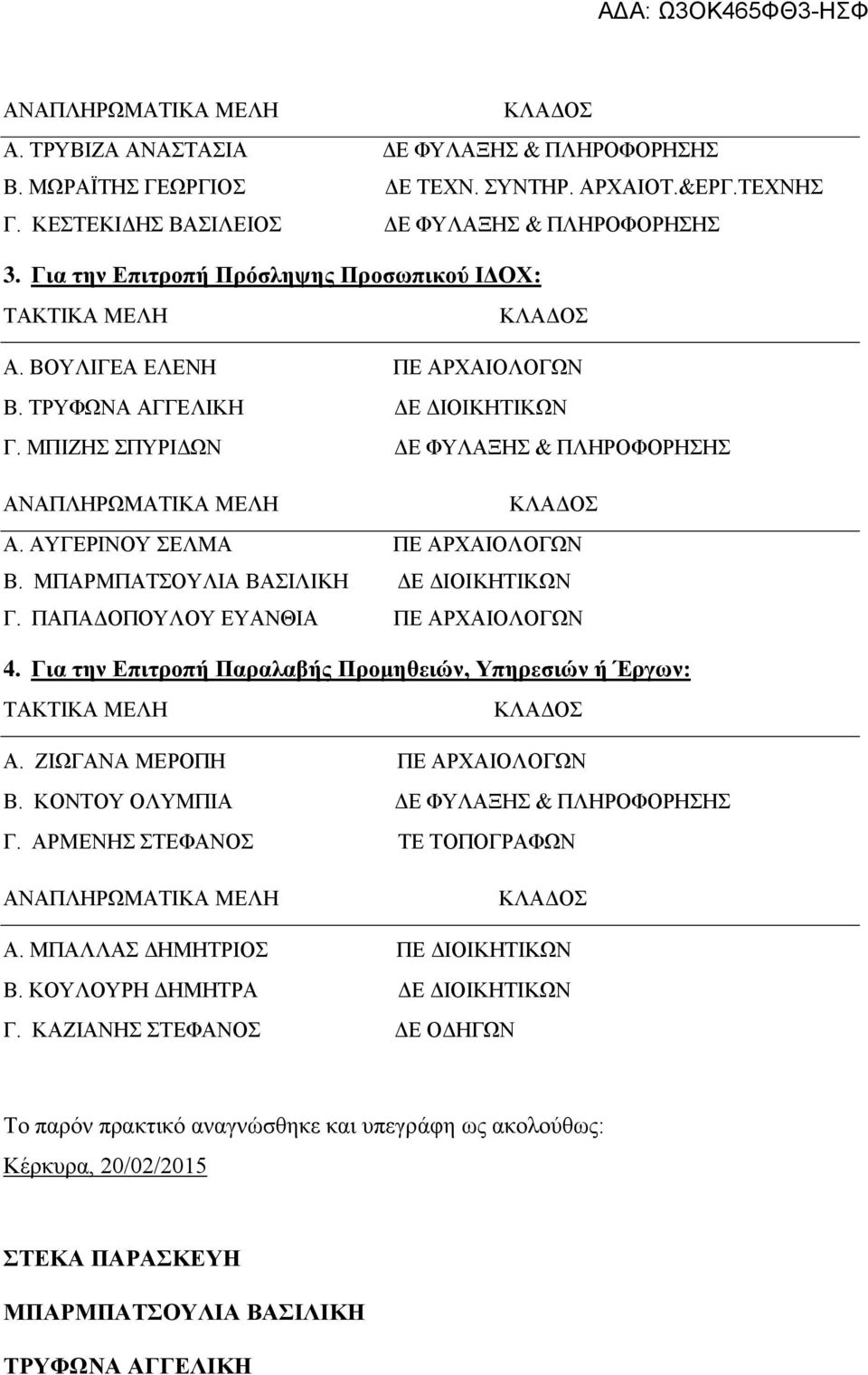 ΜΠΑΡΜΠΑΤΣΟΥΛΙΑ ΒΑΣΙΛΙΚΗ ΔΕ ΔΙΟΙΚΗΤΙΚΩΝ Γ. ΠΑΠΑΔΟΠΟΥΛΟΥ ΕΥΑΝΘΙΑ ΠΕ ΑΡΧΑΙΟΛΟΓΩΝ 4. Για την Επιτροπή Παραλαβής Προμηθειών, Υπηρεσιών ή Έργων: Α. ΖΙΩΓΑΝΑ ΜΕΡΟΠΗ ΠΕ ΑΡΧΑΙΟΛΟΓΩΝ Β.