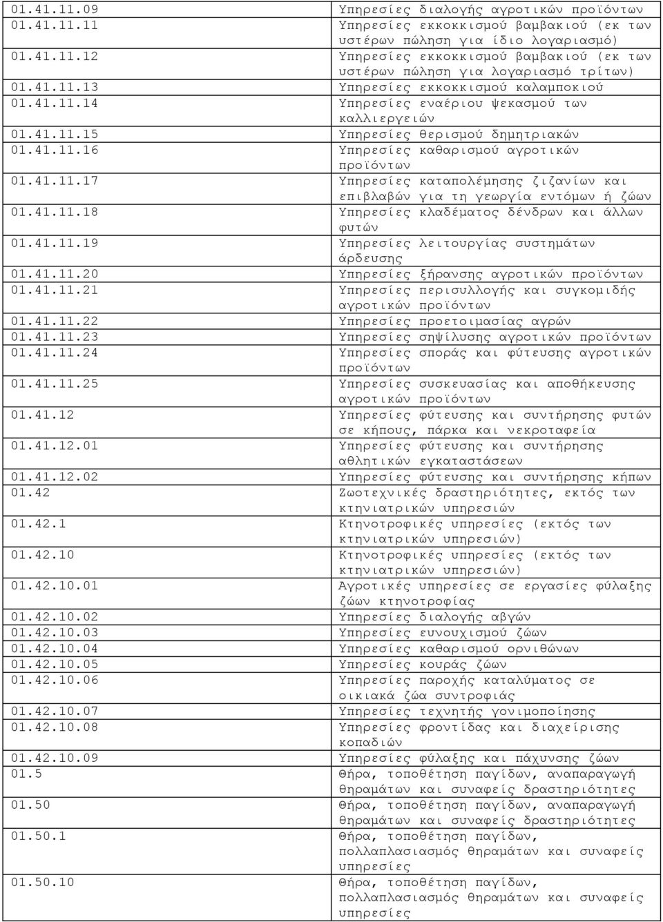 41.11.17 Υπηρεσίες καταπολέμησης ζιζανίων και επιβλαβών για τη γεωργία εντόμων ή ζώων 01.41.11.18 Υπηρεσίες κλαδέματος δένδρων και άλλων φυτών 01.41.11.19 Υπηρεσίες λειτουργίας συστημάτων άρδευσης 01.