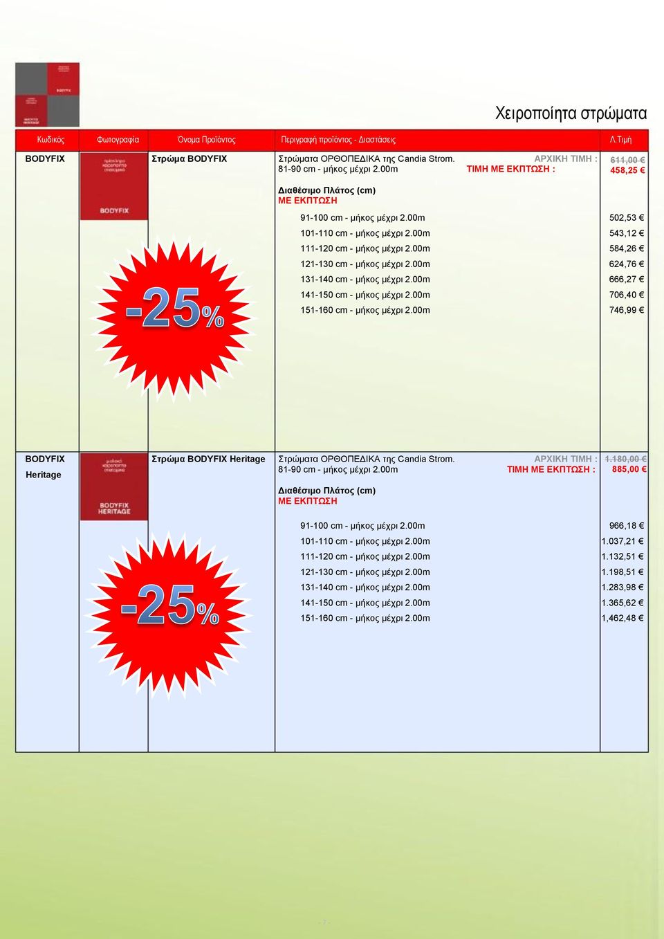 00m 706,40 151-160 cm - μήκος μέχρι 2.00m 746,99 BODYFIX Στρώμα BODYFIX Heritage Στρώματα ΟΡΘΟΠΕΔΙΚΑ της Candia Strom. ΑΡΧΙΚΗ ΤΙΜΗ : Heritage 81-90 cm - μήκος μέχρι 2.00m TIMH ME EΚΠΤΩΣΗ : 1.