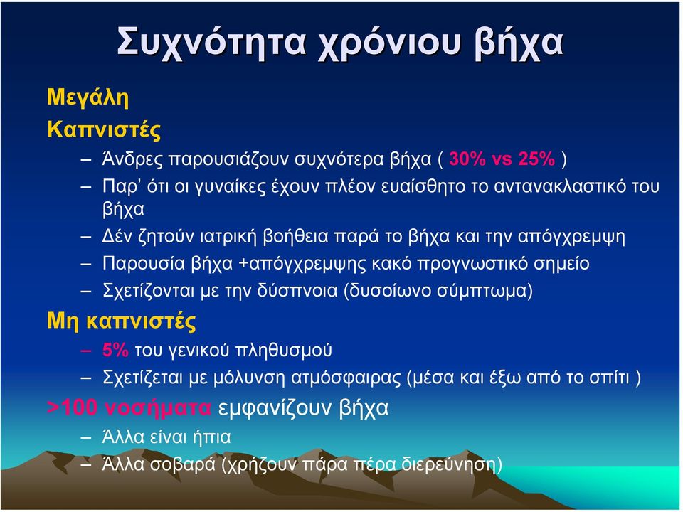 κακό προγνωστικό σηµείο Σχετίζονται µε τηνδύσπνοια(δυσοίωνο σύµπτωµα) Μη καπνιστές 5% του γενικού πληθυσµού Σχετίζεται µε