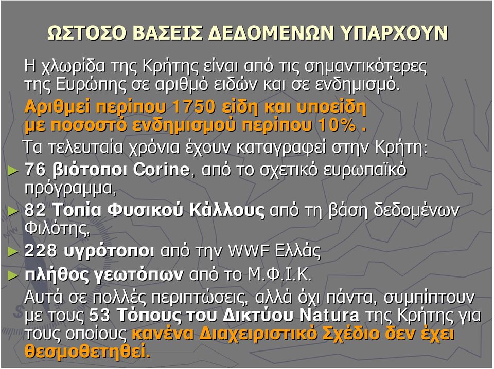 Τα τελευταία χρόνια έχουν καταγραφεί στην Κρήτη: 76 βιότοποι Corine, από το σχετικό ευρωπαϊκό πρόγραμμα, 82 Τοπία Φυσικού Κάλλους από τη βάση