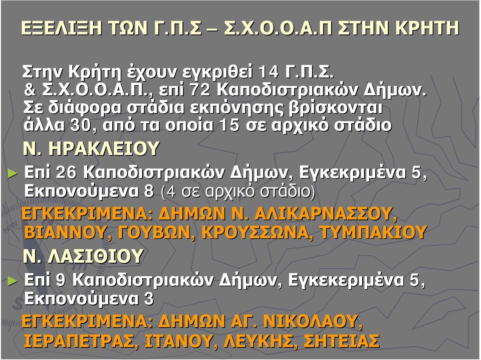 ΗΡΑΚΛΕΙΟΥ Επί 26 Καποδιστριακών Δήμων, Εγκεκριμένα 5, Εκπονούμενα 8 (4 σε αρχικό στάδιο) ΕΓΚΕΚΡΙΜΕΝΑ: ΔΗΜΩΝ Ν.