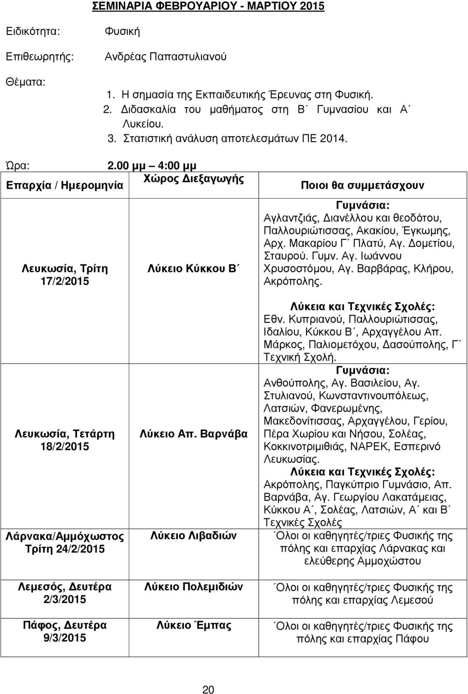 00 µµ 4:00 µµ Χώρος ιεξαγωγής Επαρχία / Ηµεροµηνία, Τρίτη 17/2/2015 Λύκειο Κύκκου Β Ποιοι θα συµµετάσχουν Γυµνάσια: Αγλαντζιάς, ιανέλλου και θεοδότου, Παλλουριώτισσας, Ακακίου, Έγκωµης, Αρχ.