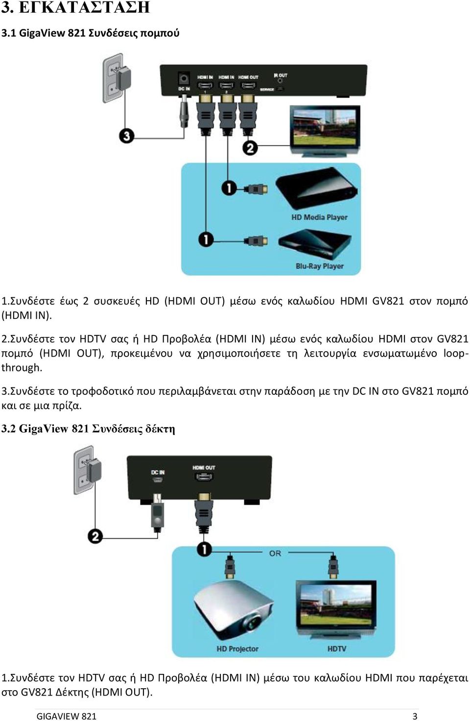 Συνδέστε τον HDTV σας ή HD Προβολέα (HDMI IN) μέσω ενός καλωδίου HDMI στον GV821 πομπό (HDMI OUT), προκειμένου να χρησιμοποιήσετε τη λειτουργία