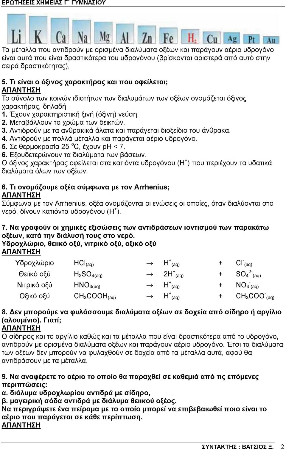 Μεταβάλλουν το χρώμα των δεικτών. 3. Aντιδρούν με τα ανθρακικά άλατα και παράγεται διοξείδιο του άνθρακα. 4. Αντιδρούν με πολλά μέταλλα και παράγεται αέριο υδρογόνο. 5.