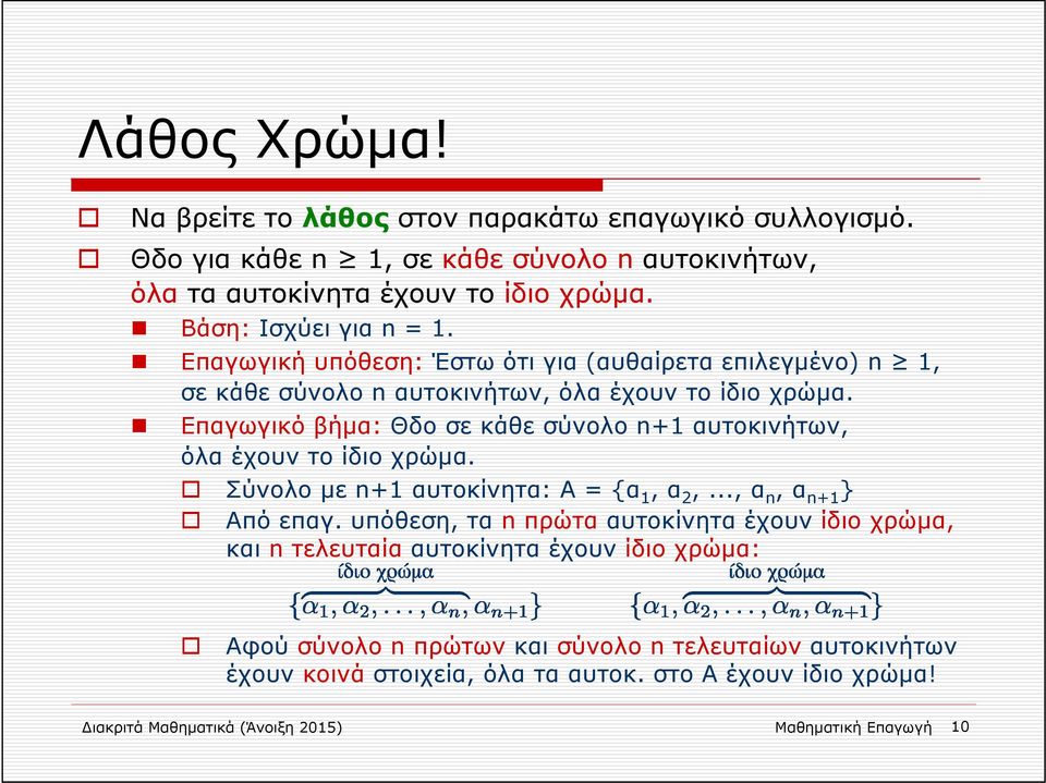 Επαγωγικό βήμα: Θδο σε κάθε σύνολο n+1 αυτοκινήτων, όλα έχουν το ίδιο χρώμα. Σύνολο με n+1 αυτοκίνητα: Α = {α 1, α 2,..., α n, α n+1 } Από επαγ.