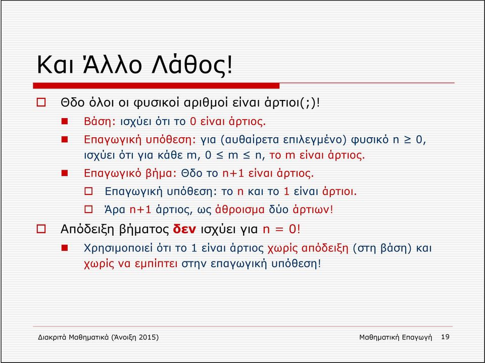 Επαγωγικό βήμα: Θδο το n+1 είναι άρτιος. Επαγωγική υπόθεση: το n και το 1 είναι άρτιοι. Άρα n+1 άρτιος, ως άθροισμα δύο άρτιων!