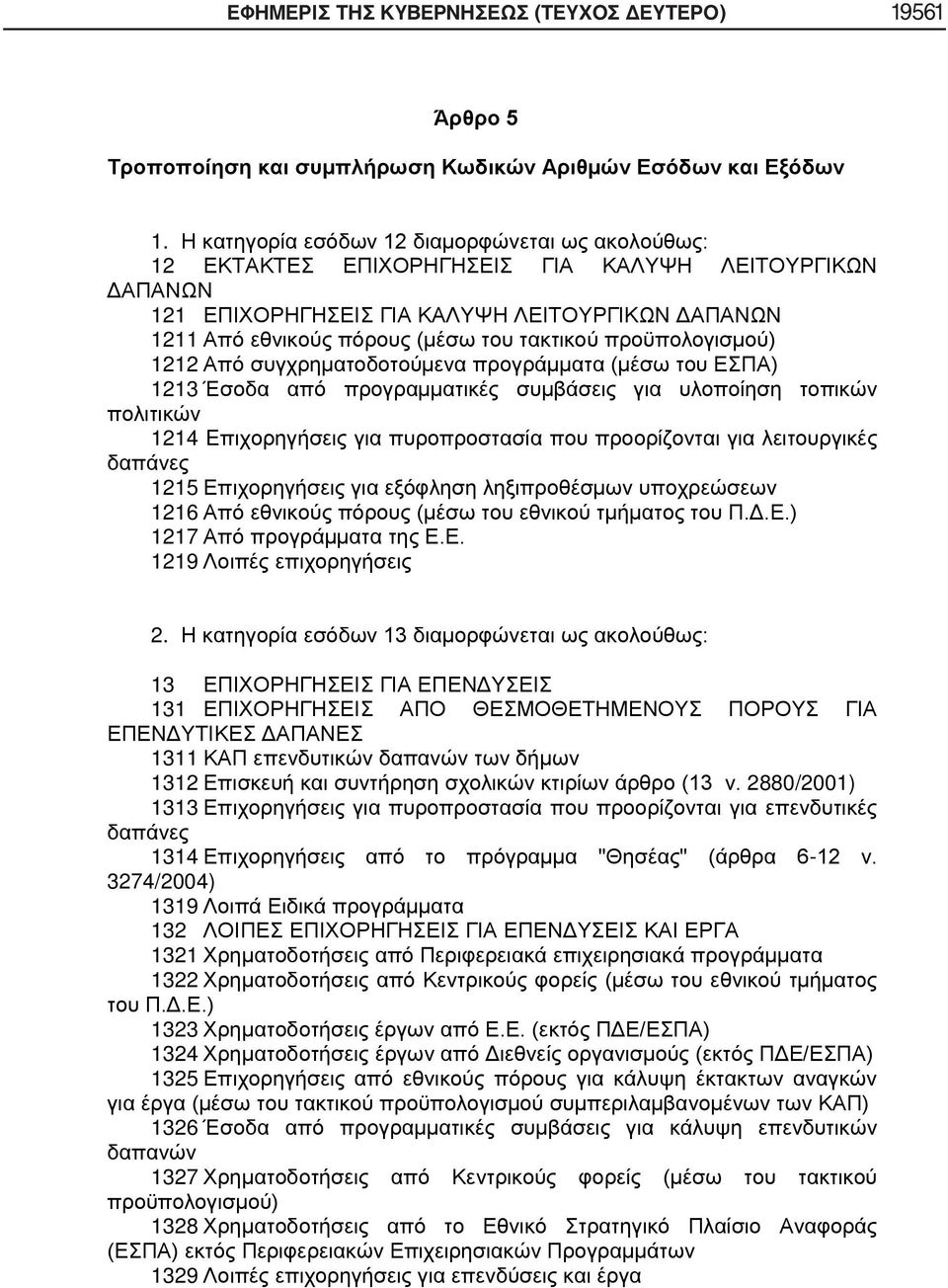 τακτικού προϋπολογισμού) 1212 Από συγχρηματοδοτούμενα προγράμματα (μέσω του ΕΣΠΑ) 1213 Έσοδα από προγραμματικές συμβάσεις για υλοποίηση τοπικών πολιτικών 1214 Eπιχορηγήσεις για πυροπροστασία που