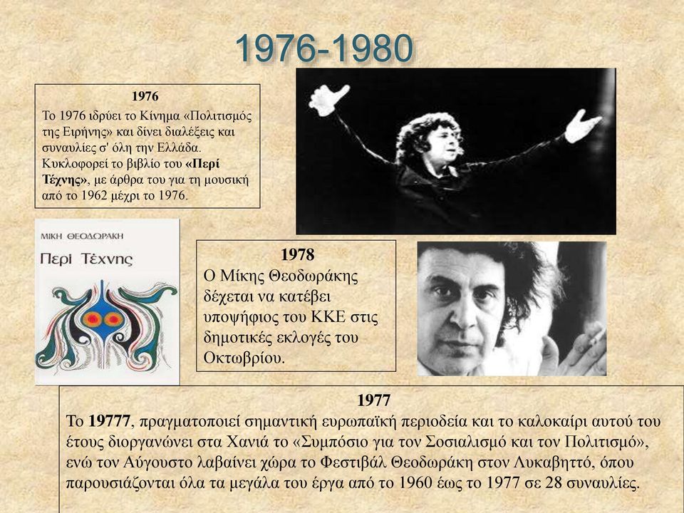 1978 Ο Μίκης Θεοδωράκης δέχεται να κατέβει υποψήφιος του ΚΚΕ στις δημοτικές εκλογές του Οκτωβρίου.