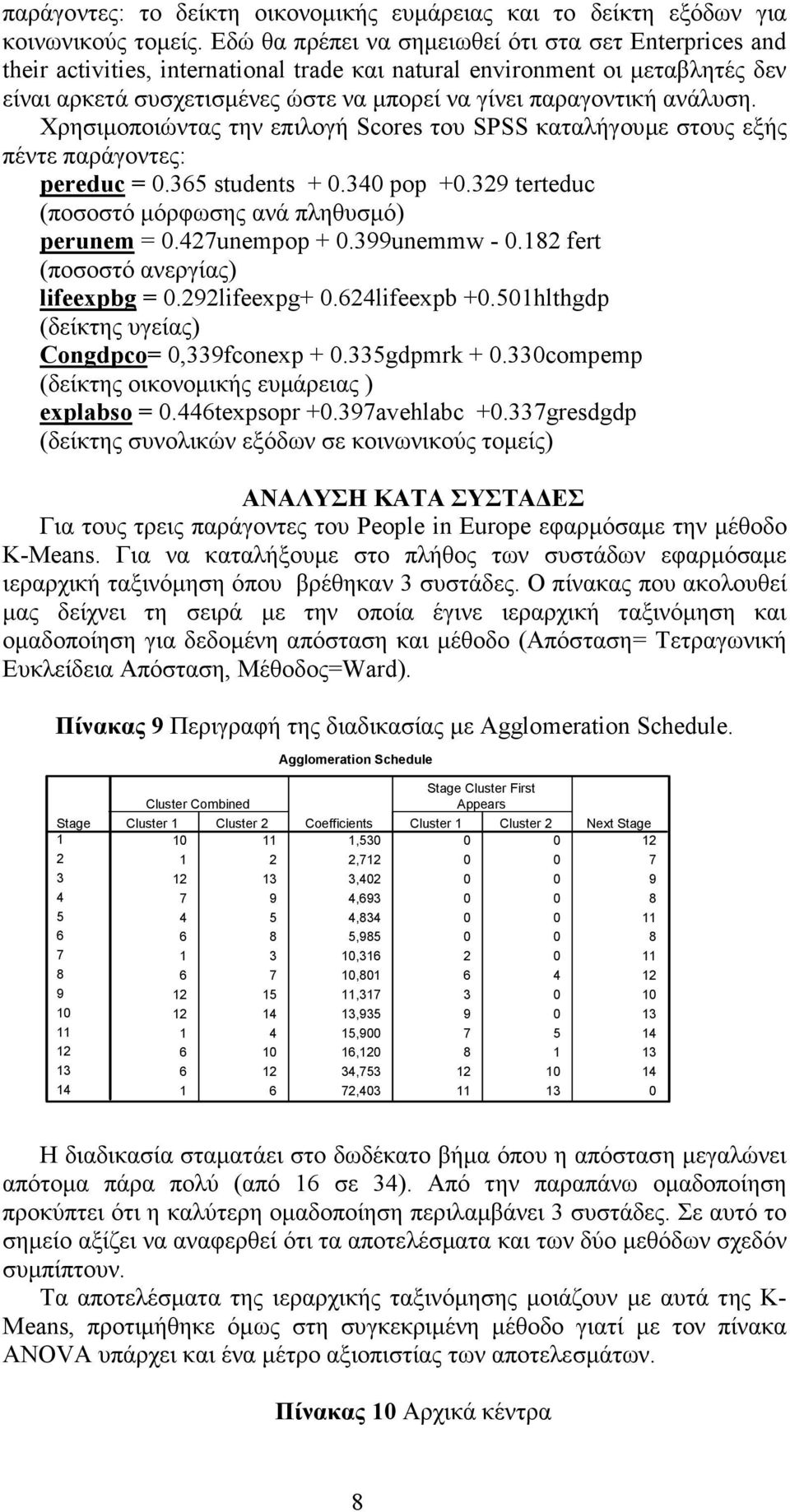 ανάλυση. Χρησιµοποιώντας την επιλογή Scores του SPSS καταλήγουµε στους εξής πέντε παράγοντες: pereduc = 0.65 students + 0.40 pop +0.9 terteduc (ποσοστό µόρφωσης ανά πληθυσµό) perunem = 0.