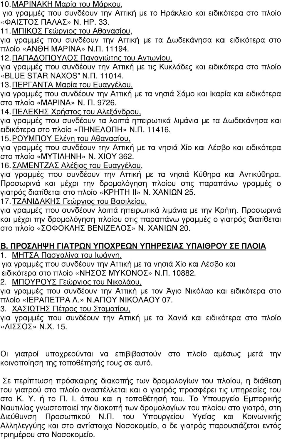 ΠΑΠΑΔΟΠΟΥΛΟΣ Παναγιώτης του Αντωνίου, για γραμμές που συνδέουν την Αττική με τις Κυκλάδες και ειδικότερα στο πλοίο «BLUE STAR NAXOS Ν.Π. 11014. 13.