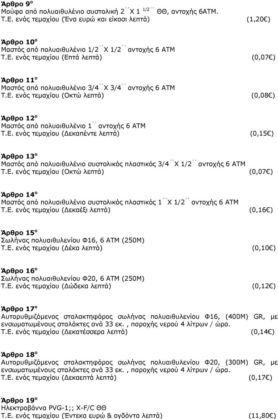 Ε. ενός τεμαχίου (Οκτώ λεπτά) (0,07 ) Άρθρο 14 ο Μαστός από πολυαιθυλένιο συστολικός πλαστικός 1 Χ 1/2 αντοχής 6 ATM Τ.Ε. ενός τεμαχίου (Δεκαέξι λεπτά) (0,16 ) Άρθρο 15 ο Σωλήνας πολυαιθυλενίου Φ16, 6 ΑΤΜ (250Μ) Τ.