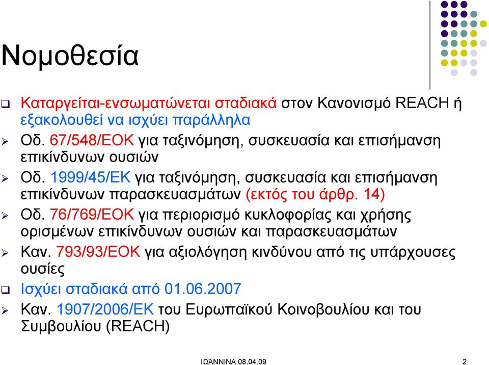 1999/45/ΕΚ για ταξινόμηση, συσκευασία και επισήμανση επικίνδυνων παρασκευασμάτων (εκτός του άρθρ. 14) Οδ.