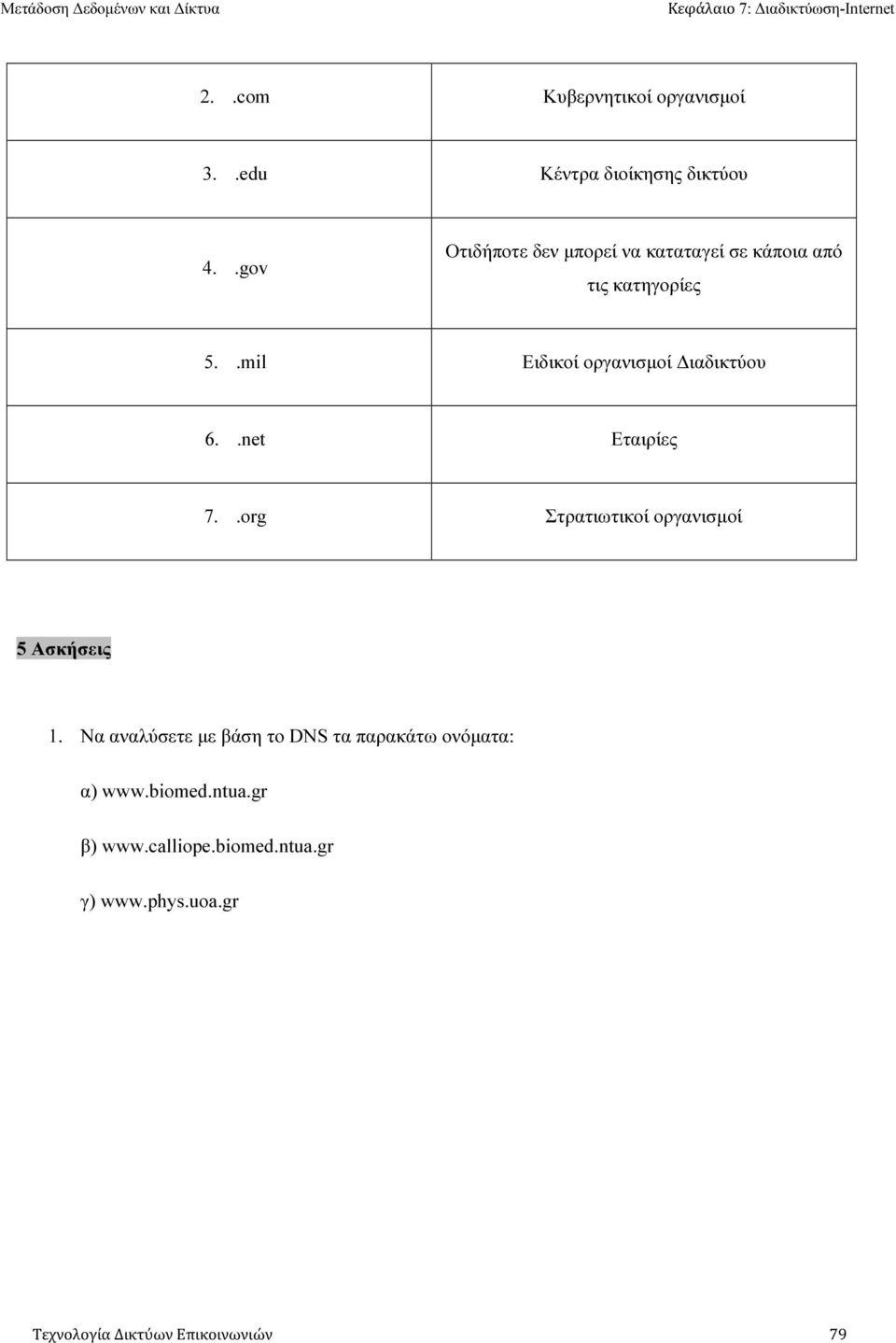 .mil Ειδικοί οργανισµοί ιαδικτύου 6..net Εταιρίες 7..org τρατιωτικοί οργανισµοί 5 Ασκήσεις 1.