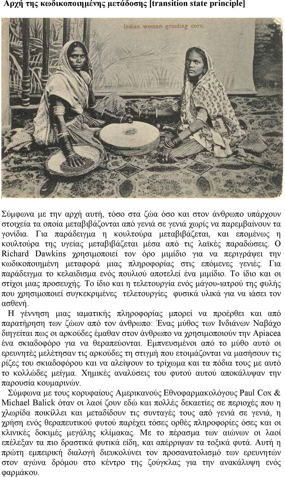 Ο Richard Dawkins χρησιµοποιεί τον όρο µιµίδιο για να περιγράψει την κωδικοποιηµένη µεταφορά µιας πληροφορίας στις επόµενες γενιές. Για παράδειγµα το κελαιδισµα ενός πουλιού αποτελεί ένα µιµίδιο.