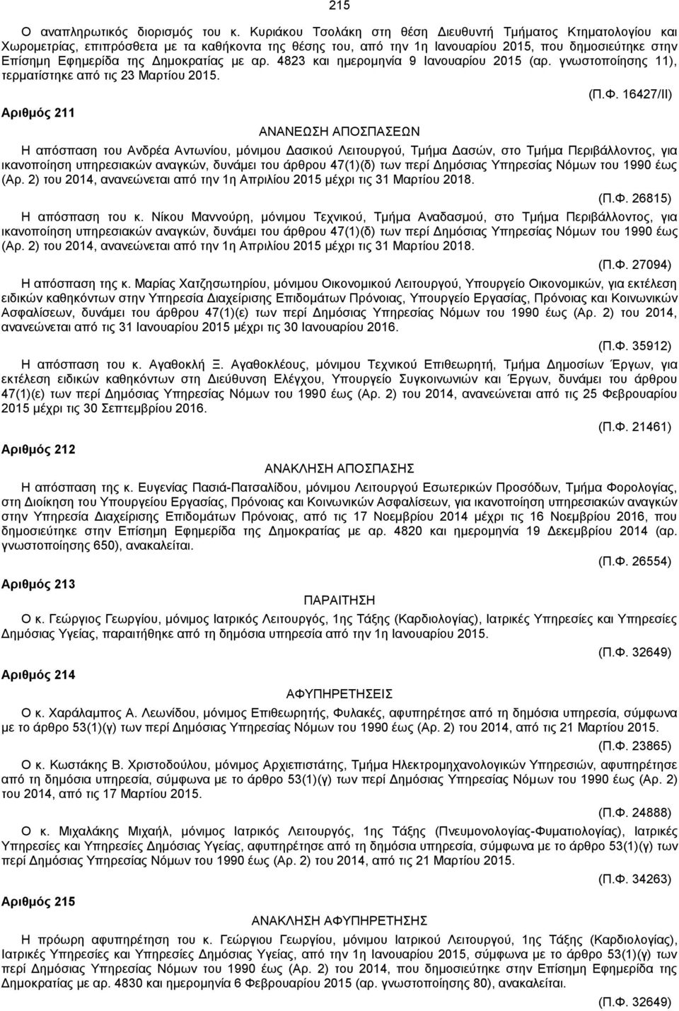 Δημοκρατίας με αρ. 4823 και ημερομηνία 9 Ιανουαρίου 2015 (αρ. γνωστοποίησης 11), τερματίστηκε από τις 23 Μαρτίου 2015. Aριθμός 211 ΑΝΑΝΕΩΣΗ ΑΠΟΣΠΑΣΕΩΝ (Π.Φ.