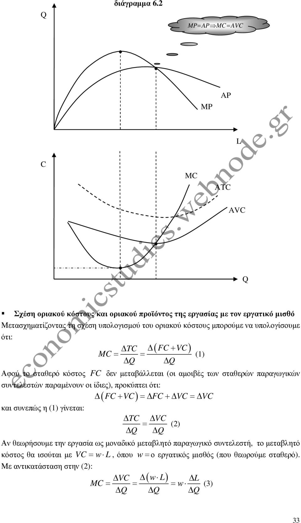 οριακού κόστους µπορούµε να υπολογίσουµε ότι: ( FC VC) TC + MC= = Q Q Αφού το σταθερό κόστος FC δεν µεταβάλλεται (οι αµοιβές των σταθερών παραγωγικών συντελεστών