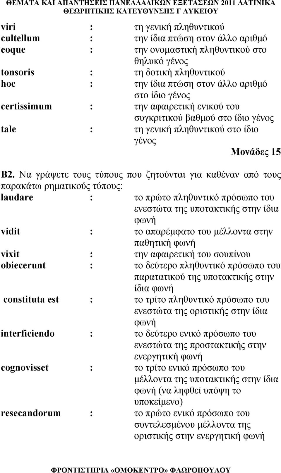 Nα γράψετε τους τύπους που ζητούνται για καθέναν από τους παρακάτω ρηματικούς τύπους: laudare : το πρώτο πληθυντικό πρόσωπο του ενεστώτα της υποτακτικής στην ίδια φωνή vidit : το απαρέμφατο του