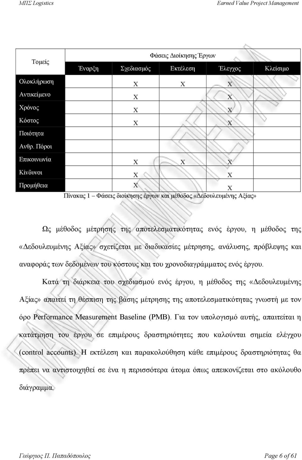 «εδουλευµένης Αξίας» σχετίζεται µε διαδικασίες µέτρησης, ανάλυσης, πρόβλεψης και αναφοράς των δεδοµένων του κόστους και του χρονοδιαγράµµατος ενός έργου.