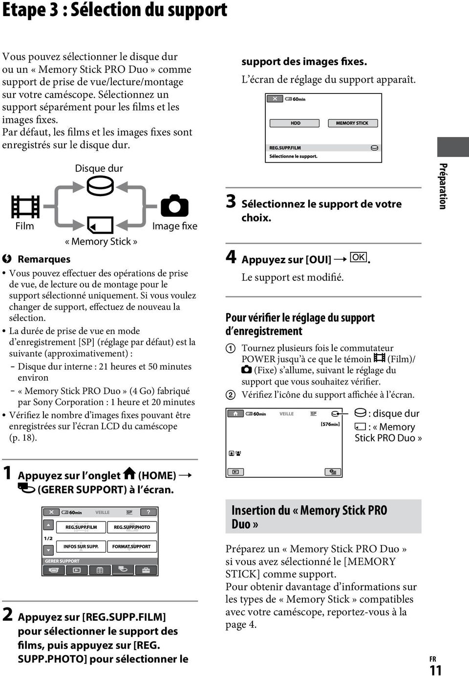 L écran de réglage du support apparaît.