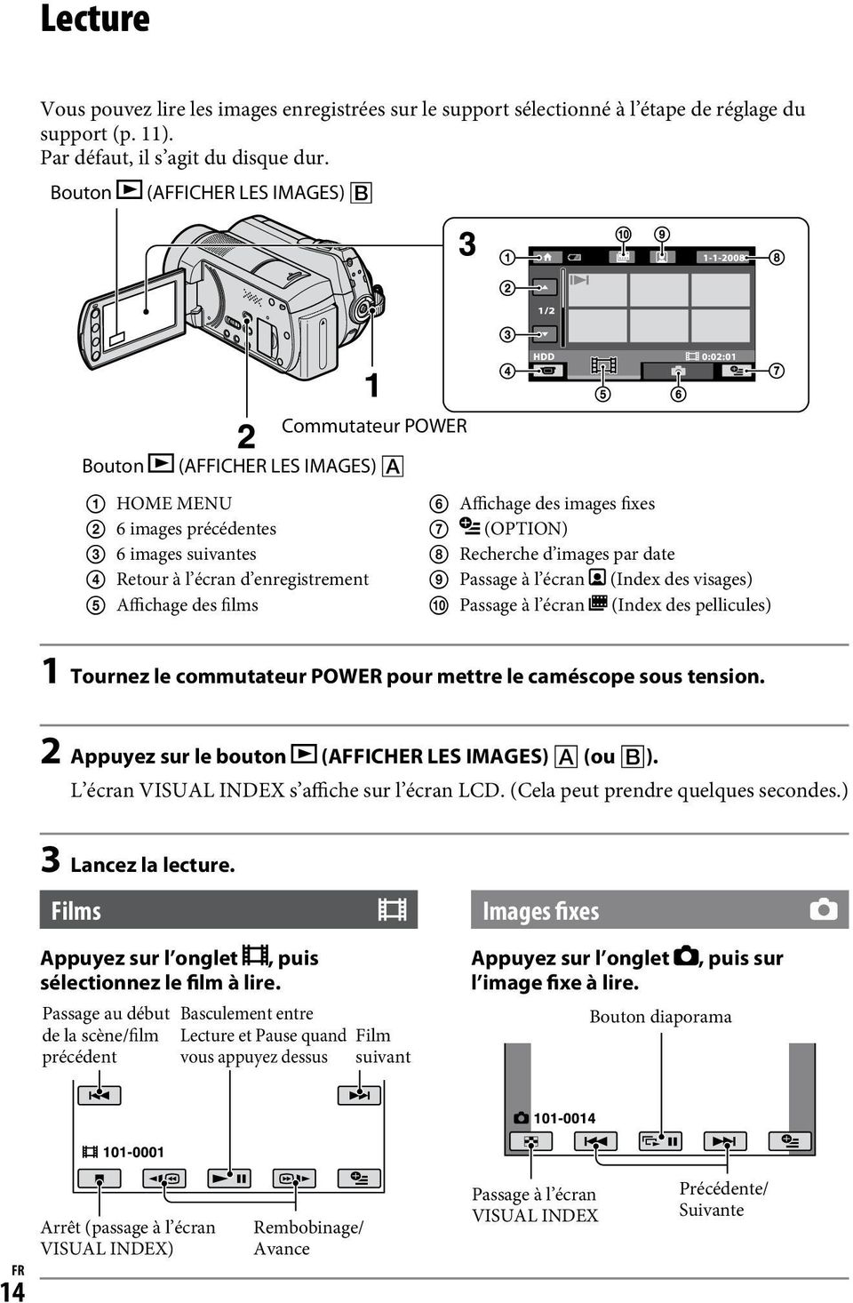 images fixes (OPTION) Recherche d images par date Passage à l écran (Index des visages) Passage à l écran (Index des pellicules) 1 Tournez le commutateur POWER pour mettre le caméscope sous tension.