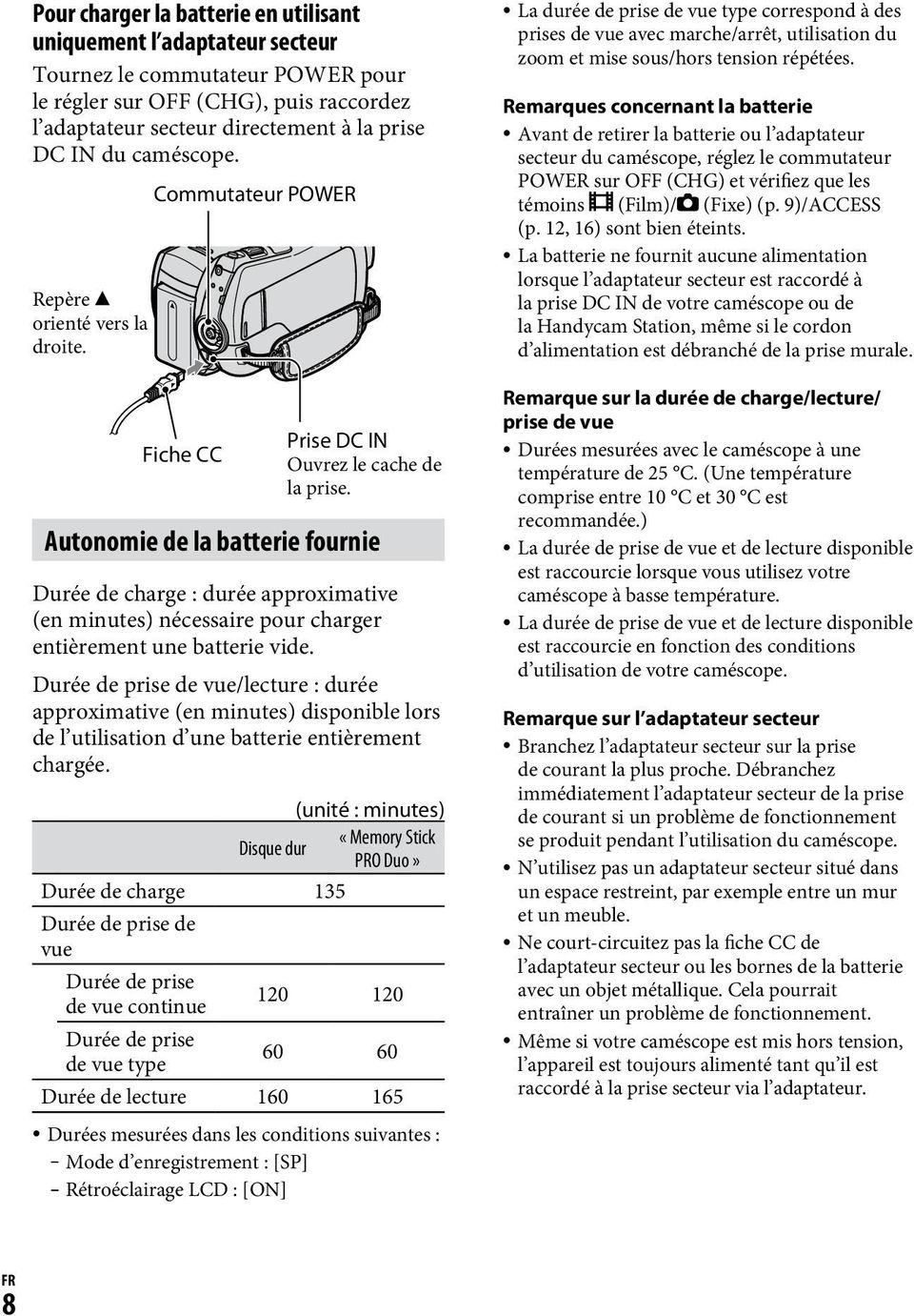 Autonomie de la batterie fournie Durée de charge : durée approximative (en minutes) nécessaire pour charger entièrement une batterie vide.