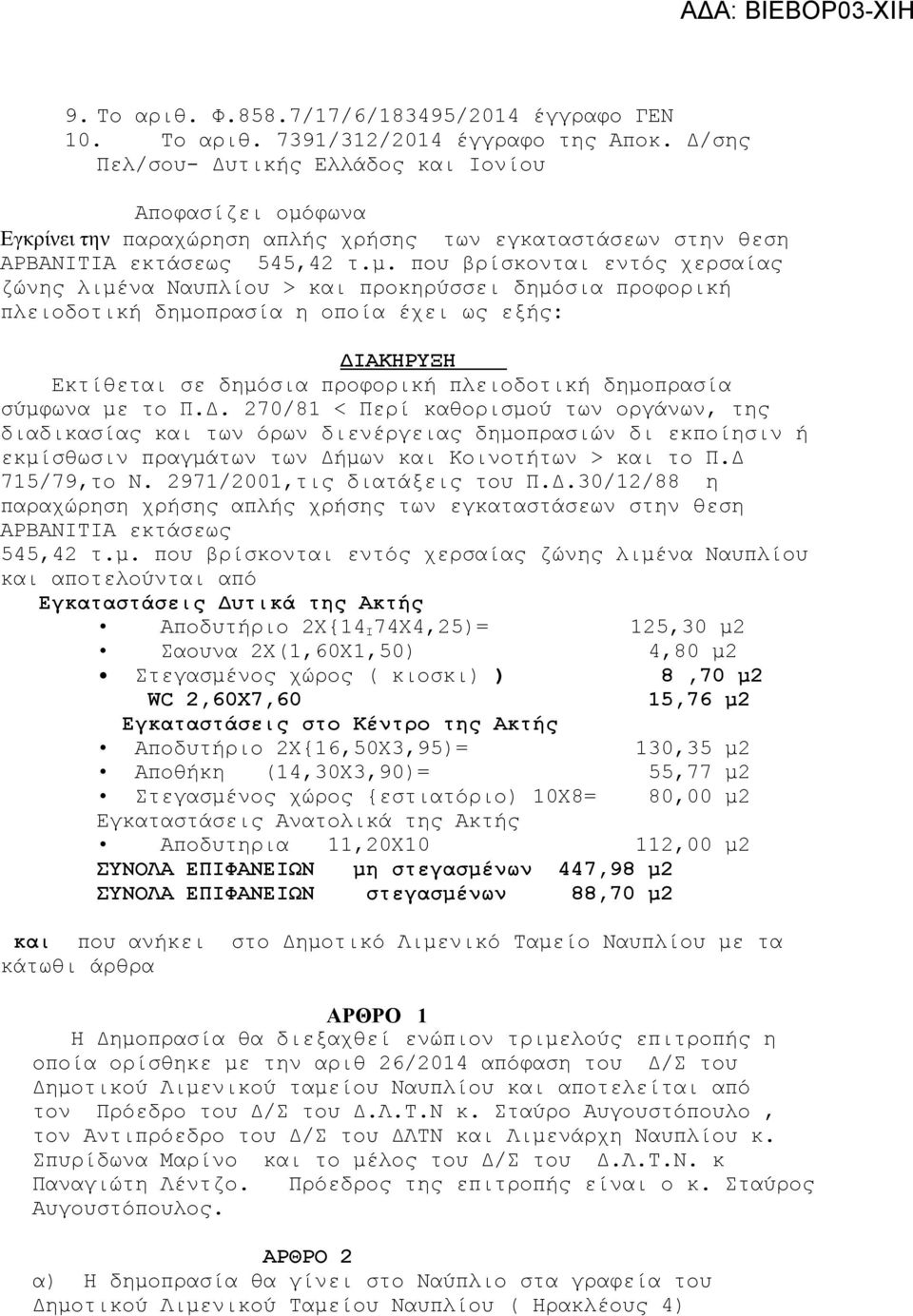 φωνα Εγκρίνει την παραχώρηση απλής χρήσης των εγκαταστάσεων στην θεση ΑΡΒΑΝΙΤΙΑ εκτάσεως 545,42 τ.μ.