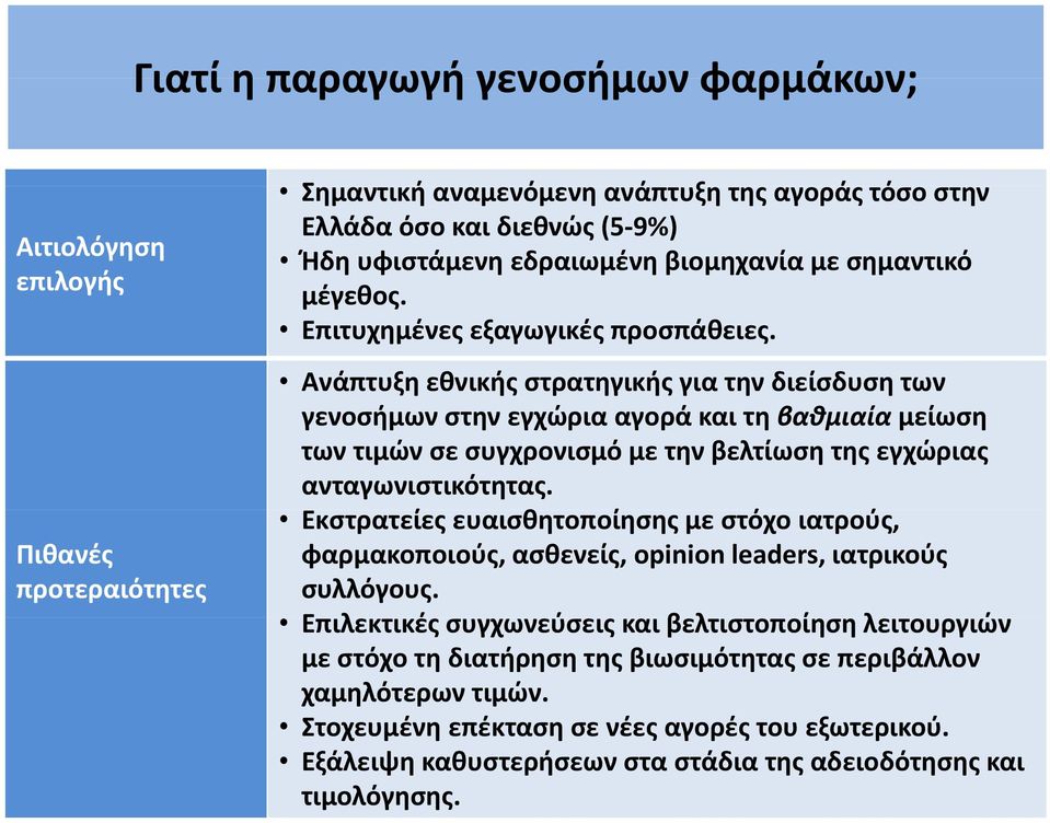 Ανάπτυξη εθνικής στρατηγικής για την διείσδυση των γενοσήμων στην εγχώρια αγορά και τη βαθμιαία μείωση των τιμών σε συγχρονισμό με την βελτίωση της εγχώριας ανταγωνιστικότητας.