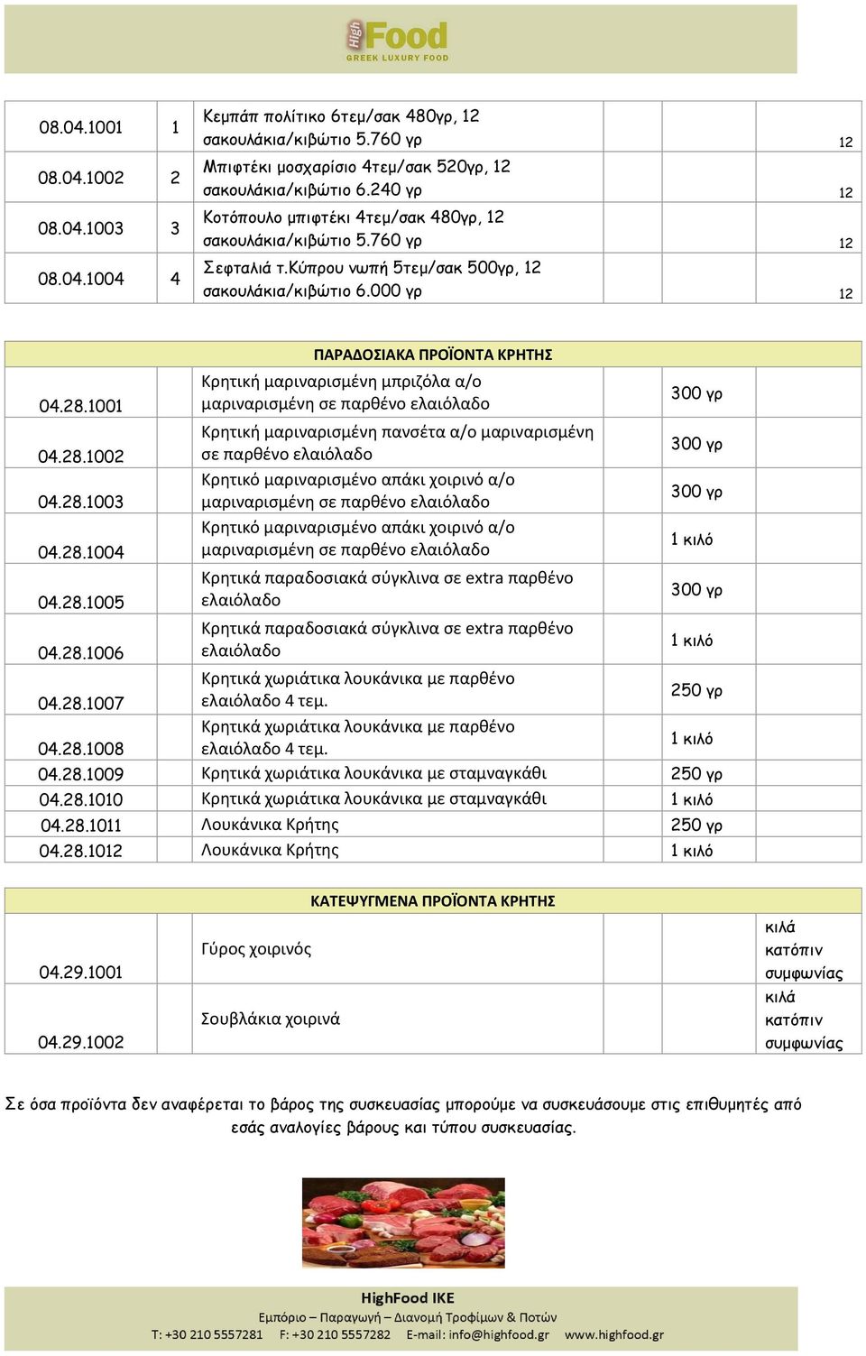 28.1005 04.28.1006 04.28.1007 04.28.1008 ΠΑΡΑΔΟΣΙΑΚΑ ΠΡΟΪΟΝΤΑ ΚΡΗΤΗΣ Κρητική μαριναρισμένη μπριζόλα α/ο Κρητική μαριναρισμένη πανσέτα α/ο μαριναρισμένη σε παρθένο ελαιόλαδο Κρητικό μαριναρισμένο