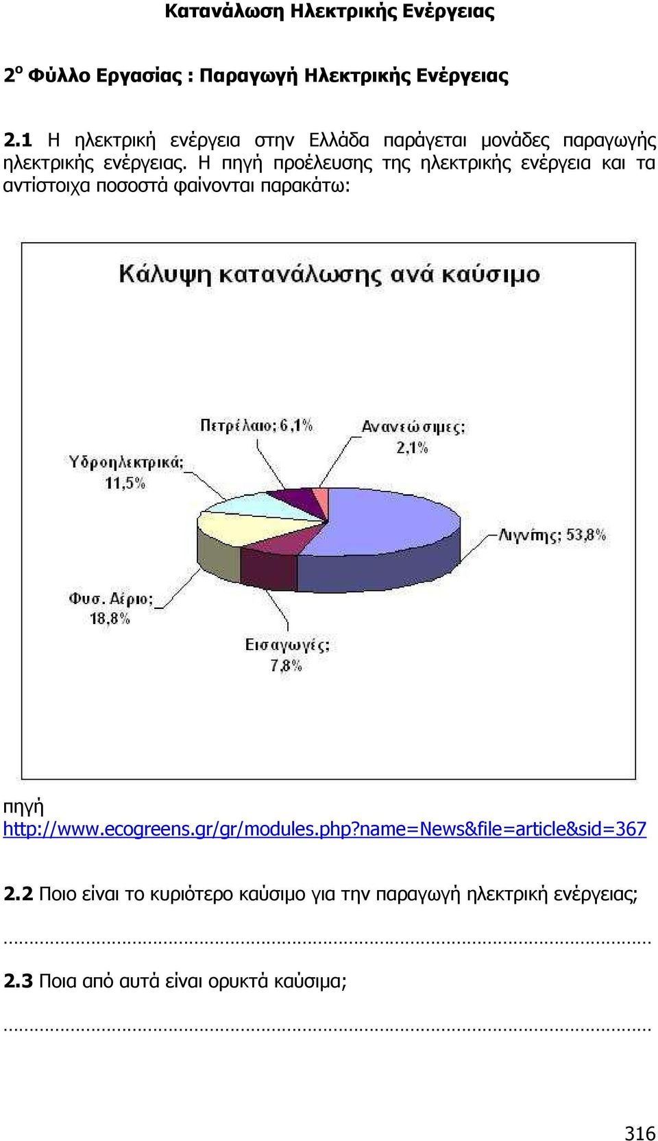 Η πηγή προέλευσης της ηλεκτρικής ενέργεια και τα αντίστοιχα ποσοστά φαίνονται παρακάτω: πηγή http://www.