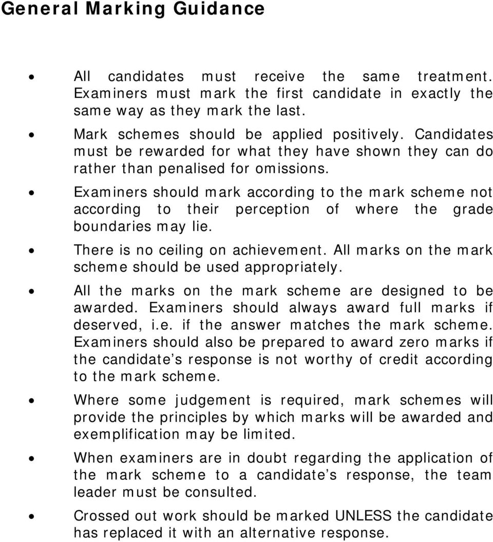 Examiners should mark according to the mark scheme not according to their perception of where the grade boundaries may lie. There is no ceiling on achievement.