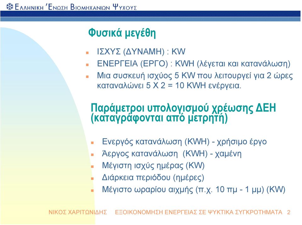 Παράμετροι υπολογισμού χρέωσης ΔΕΗ (καταγράφονται από μετρητή) Ενεργός κατανάλωση (KWH) - χρήσιμο έργο Άεργος