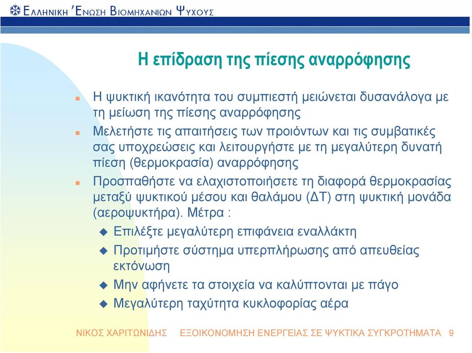 μεταξύ ψυκτικού μέσου και θαλάμου (ΔΤ) στη ψυκτική μονάδα (αεροψυκτήρα).