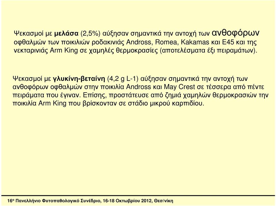 Ψεκασµοί µε γλυκίνη-βεταίνη (4,2 g L-1) αύξησαν σηµαντικά την αντοχή των ανθοφόρων οφθαλµών στην ποικιλία Andross και May