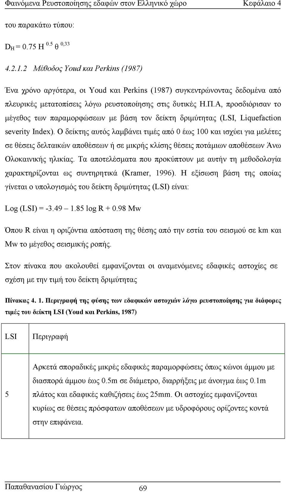 Α, προσδιόρισαν το µέγεθος των παραµορφώσεων µε βάση τον δείκτη δριµύτητας (LSI, Liquefaction severity Index).