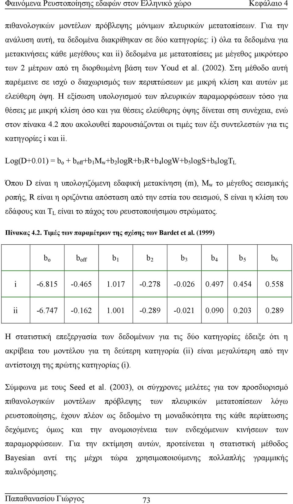 βάση των Youd et al. (2002). Στη µέθοδο αυτή παρέµεινε σε ισχύ ο διαχωρισµός των περιπτώσεων µε µικρή κλίση και αυτών µε ελεύθερη όψη.