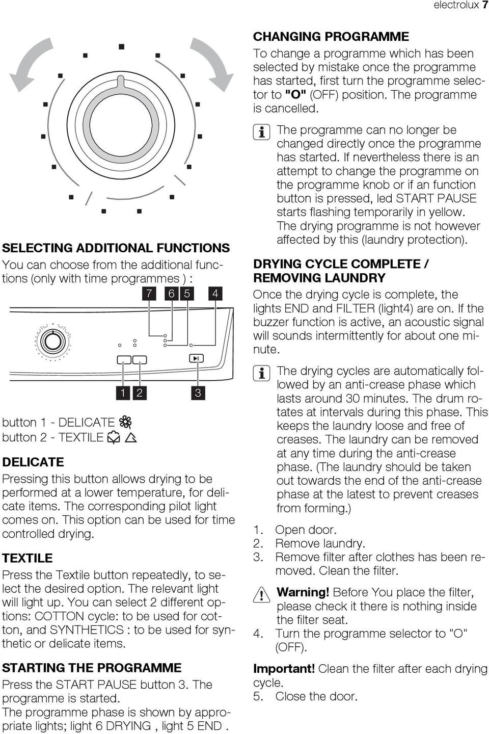 TEXTILE Press the Textile button repeatedly, to select the desired option. The relevant light will light up.