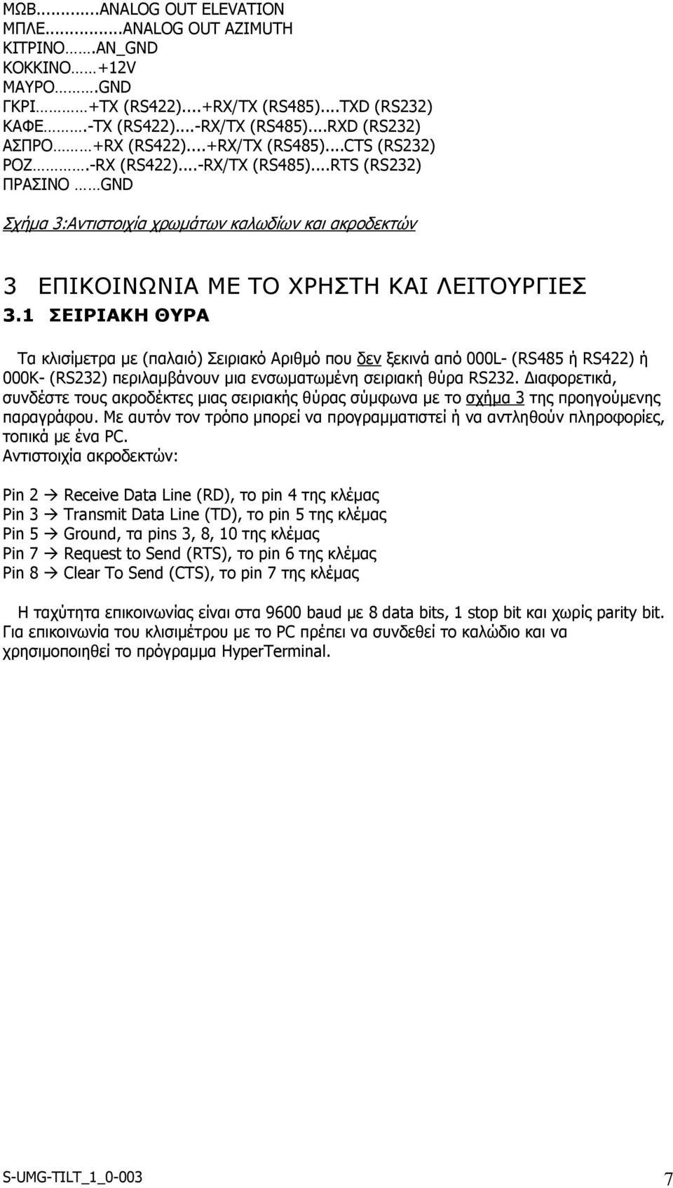 ..RTS (RS232) ΠΡΑΣΙΝΟ GND Σχήμα 3:Αντιστοιχία χρωμάτων καλωδίων και ακροδεκτών 3 ΕΠΙΚΟΙΝΩΝΙΑ ΜΕ ΤΟ ΧΡΗΣΤΗ ΚΑΙ ΛΕΙΤΟΥΡΓΙΕΣ 3.