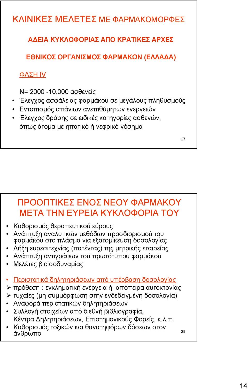 ΠΡΟΟΠΤΙΚΕΣ ΕΝΟΣ ΝΕΟΥ ΦΑΡΜΑΚΟΥ ΜΕΤΑ ΤΗΝ ΕΥΡΕΙΑ ΚΥΚΛΟΦΟΡΙΑ ΤΟΥ Καθορισμός θεραπευτικού εύρους Ανάπτυξη αναλυτικών μεθόδων προσδιορισμού του φαρμάκου στο πλάσμα για εξατομίκευση δοσολογίας Λήξη