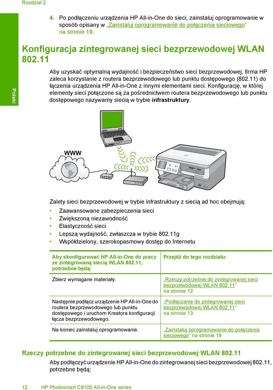 11 Polski Aby uzyskać optymalną wydajność i bezpieczeństwo sieci bezprzewodowej, firma HP zaleca korzystanie z routera bezprzewodowego lub punktu dostępowego (802.