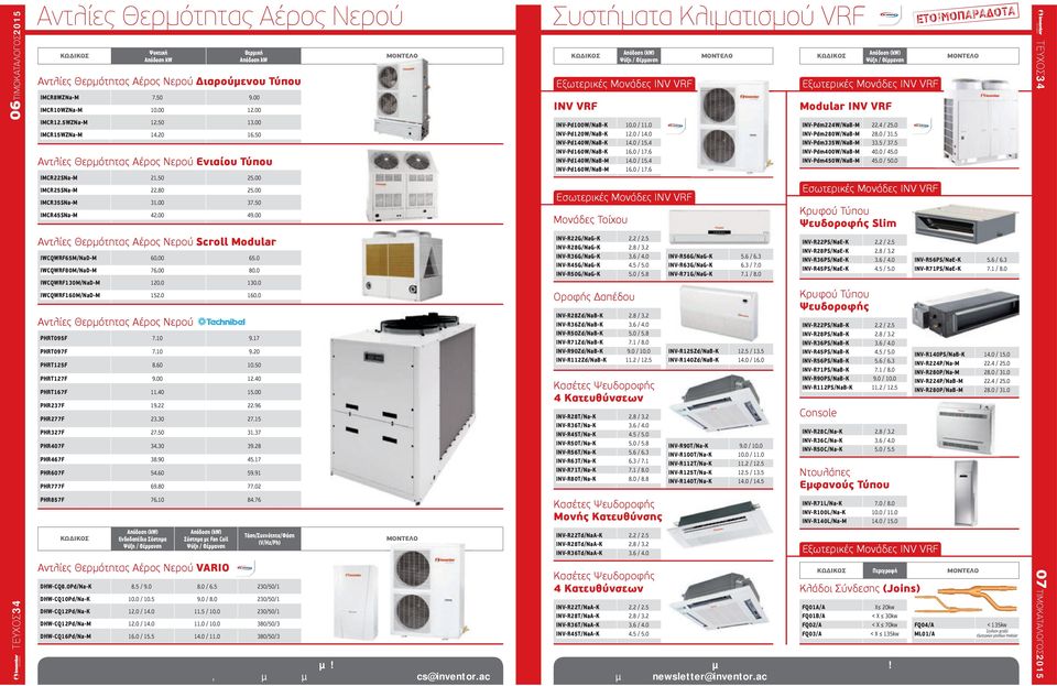 00 Συστήματα Κλιματισμού VRF INV VRF INV-Pd100W/NaB-K 10.0 / 11.0 INV-Pd120W/NaB-K 12.0 / 14.0 INV-Pd140W/NaB-K 14.0 / 15.4 INV-Pd160W/NaB-K 16.0 / 17.6 INV-Pd140W/NaB-M 14.0 / 15.4 INV-Pd160W/NaB-M 16.