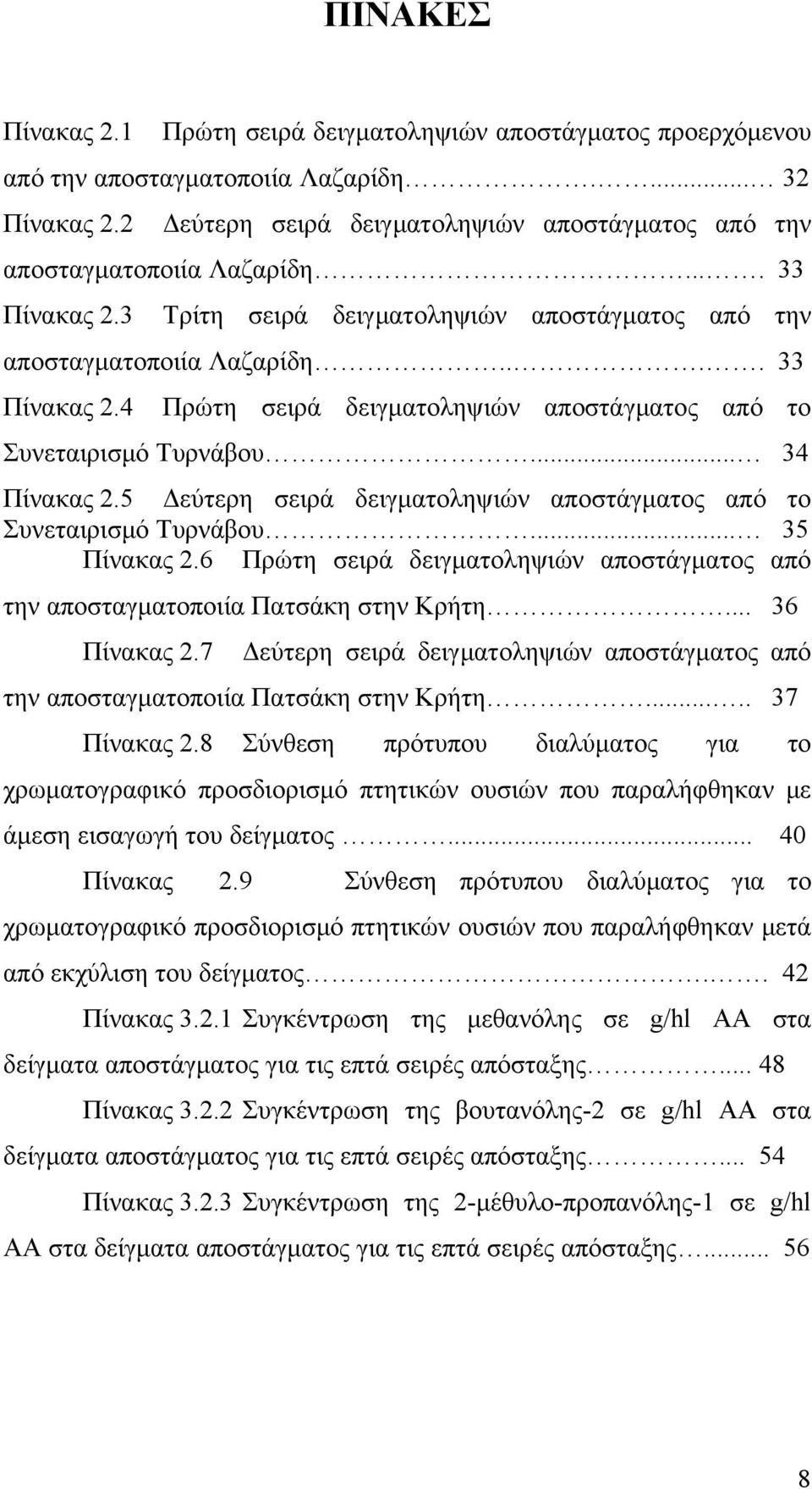 .. 34 Πίνακας 2.5 Δεύτερη σειρά δειγματοληψιών αποστάγματος από το Συνεταιρισμό Τυρνάβου... 35 Πίνακας 2.6 Πρώτη σειρά δειγματοληψιών αποστάγματος από την αποσταγματοποιία Πατσάκη στην Κρήτη.