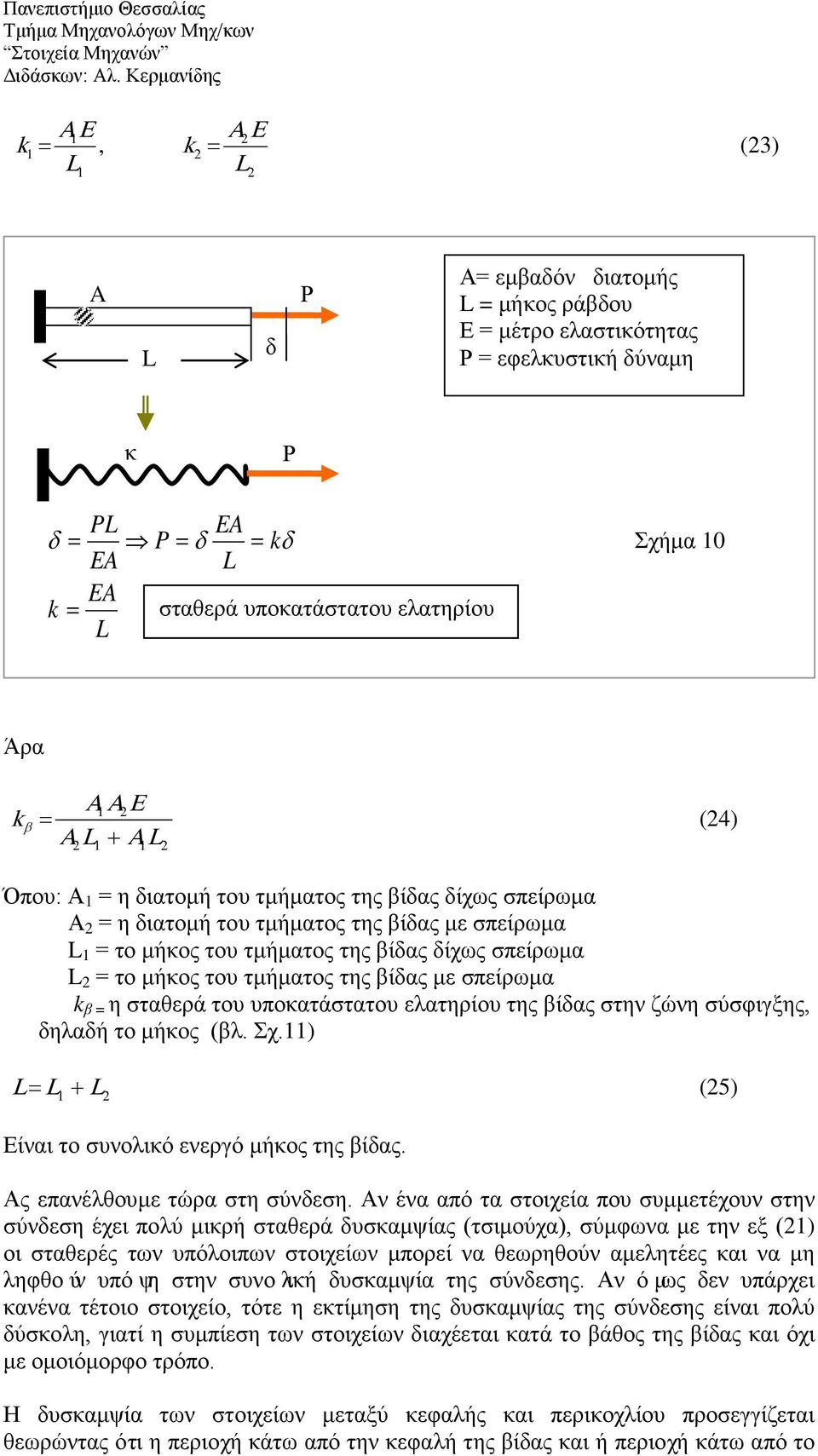 σπείρωμα k η σταθερά του υποκατάστατου ελατηρίου της ίδας στην ζώνη σύσφιγξης, δηλαδή το μήκος (λ. Σχ.11) L L 1 + L (5) Είναι το συνολικό ενεργό μήκος της ίδας. Ας επανέλθουμε τώρα στη σύνδεση.