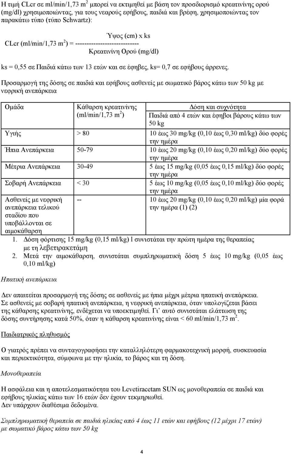 Προσαρμογή της δόσης σε παιδιά και εφήβους ασθενείς με σωματικό βάρος κάτω των 50 kg με νεφρική ανεπάρκεια Ομάδα Κάθαρση κρεατινίνης (ml/min/1,73 m 2 ) Δόση και συχνότητα Παιδιά από 4 ετών και έφηβοι